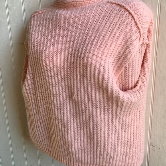 Vintage Pink Chunky Knit Ribbed Sailor Fringed Collar Cardigan Pearl Buttons - M - Picture 14 of 15